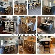 Guyou Rattan Counter Height Bar Stools Set of 2, Mid-Century Modern Wooden Farmhouse Bar Stools, Linen Upholstered Kitchen Island Barstools for Breakfast Bar Bistro, Beige