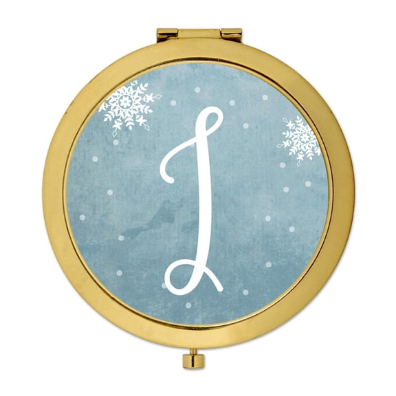 Koyal Wholesale Gold Compact Mirror Bridesmaid's Wedding Gift, Blue Winter Snowflakes, Monogram Letter I, 1-Pack