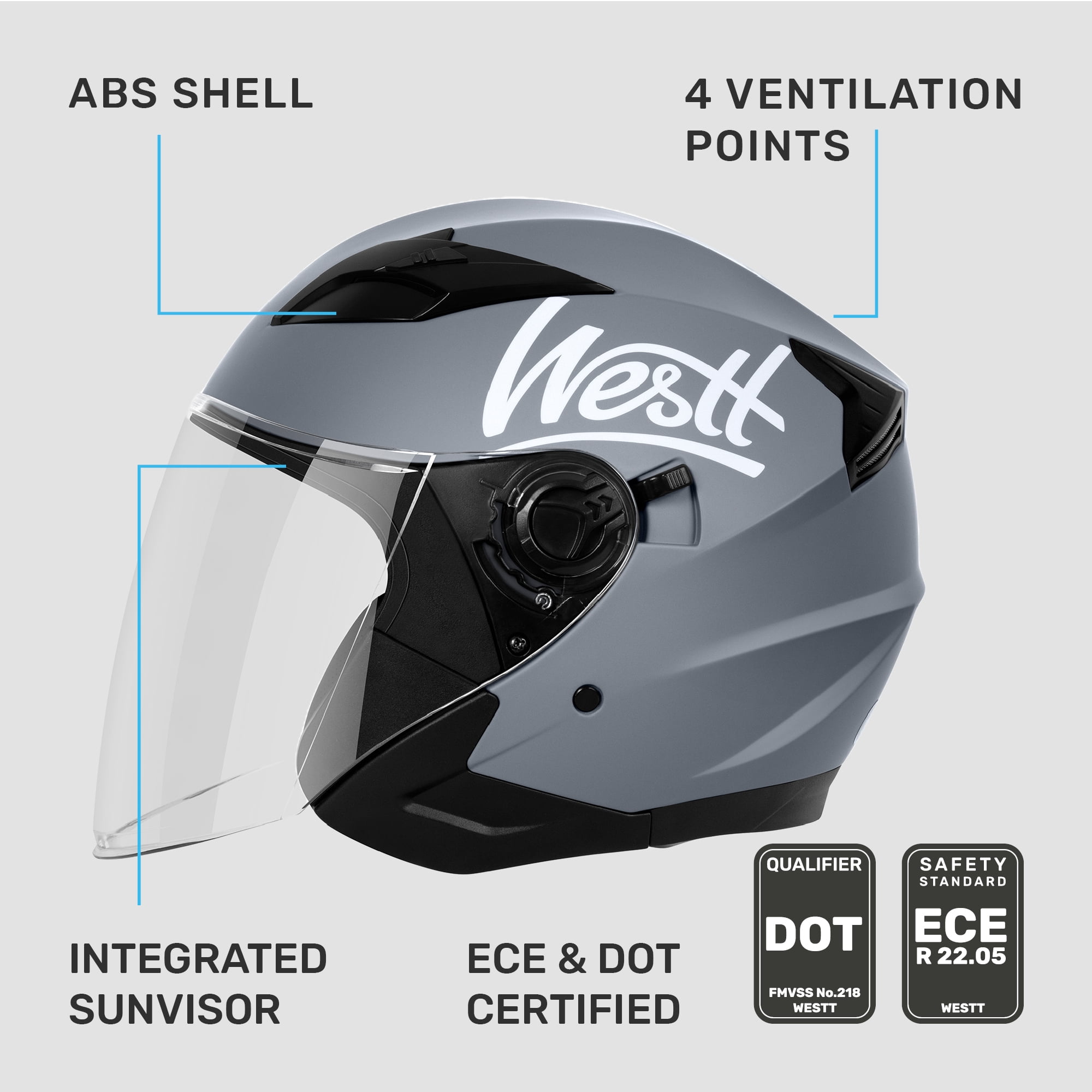 Westt Helmets for Adults– Open Face Helmet with Dual Sun Visor– Motorcycle Helmet for Men and Women DOT Approved Scooter Motorbike Street Jet Series Gray S