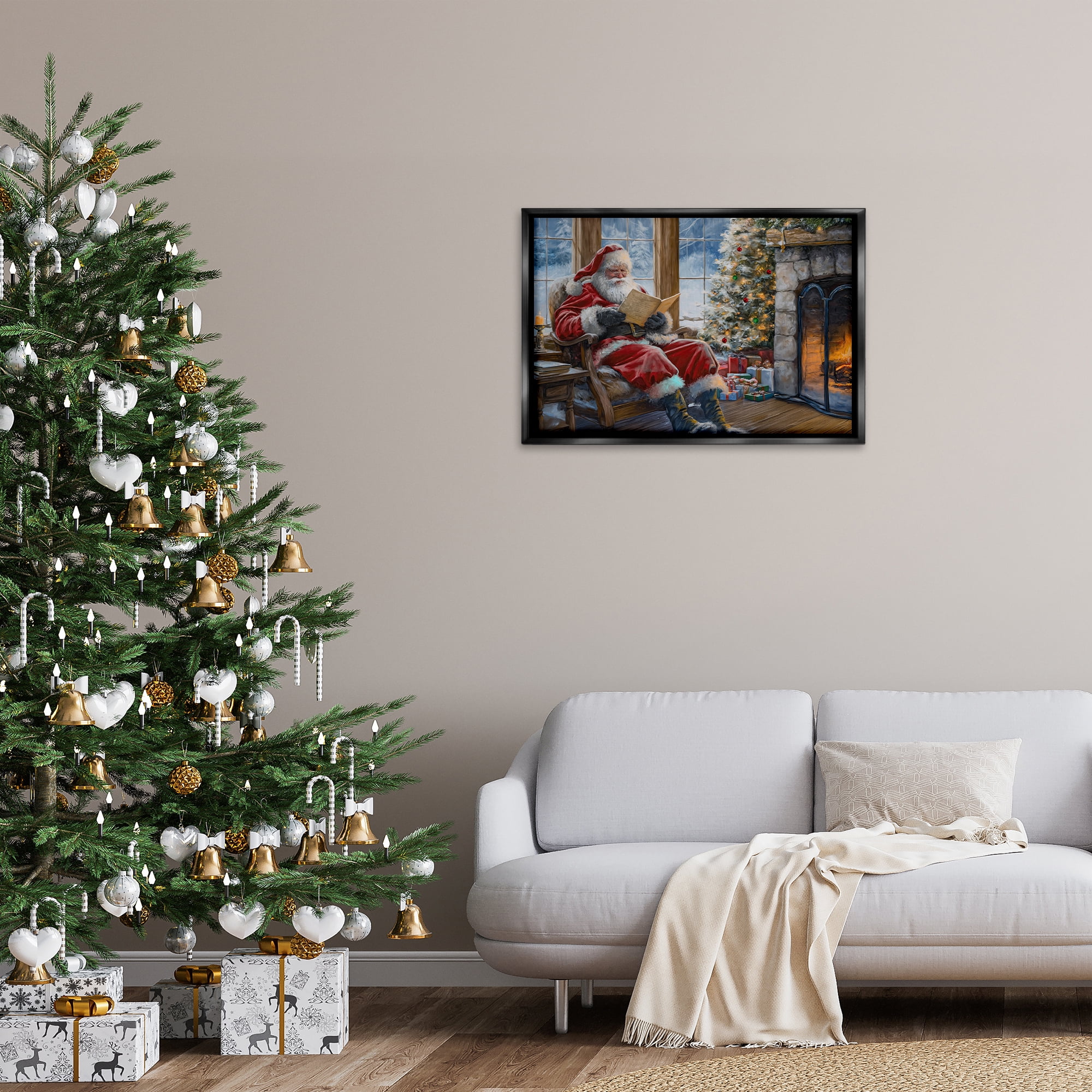 Stupell Industries Santa Reading by Fire Holiday Painting Black Floater Framed Canvas Art Prints Wall Art, 31 x 21