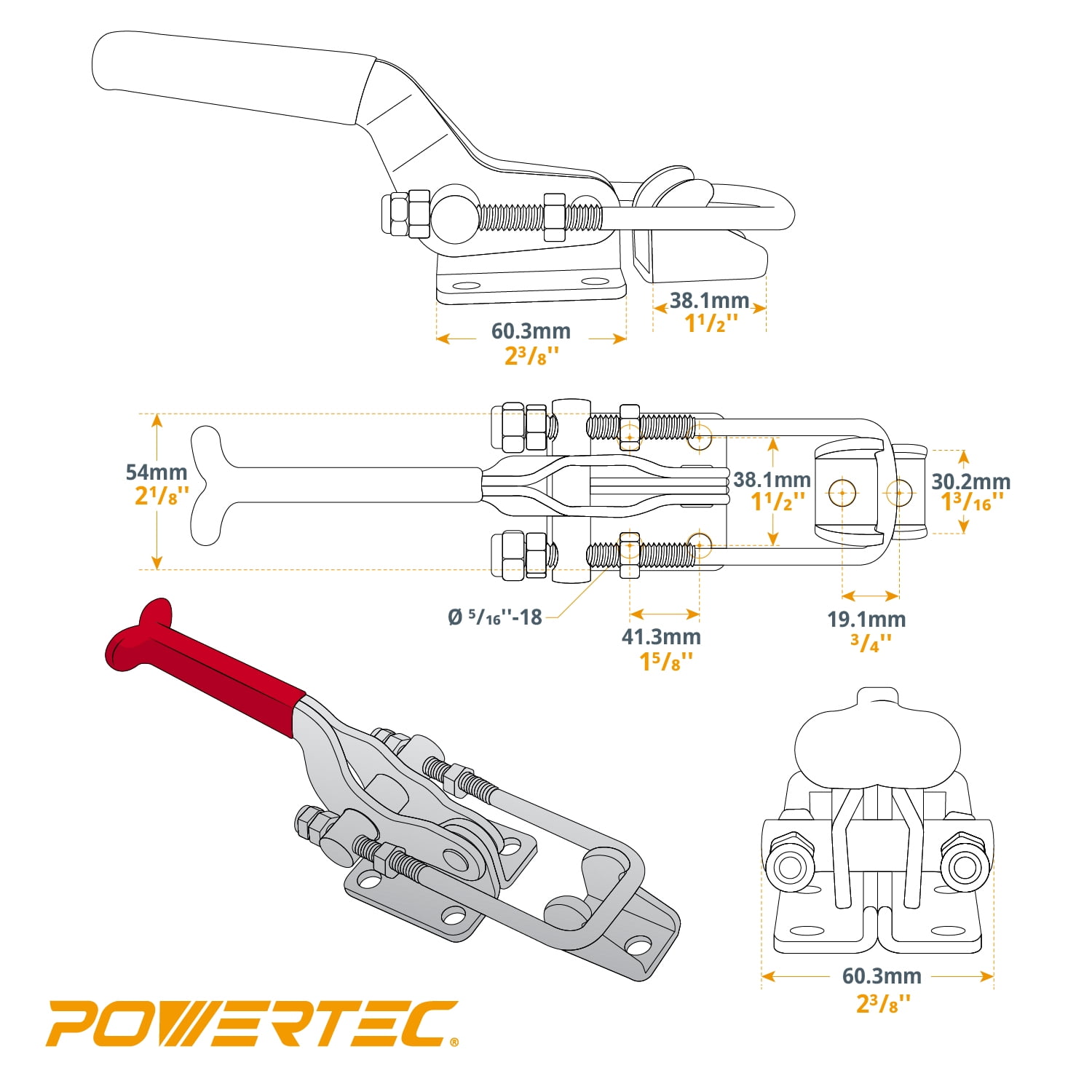POWERTEC 2PK Toggle Clamp, 2000 lbs Holding Capacity, 40341 Adjustable U Bolt Latch w/Antislip Hand Grip for Woodworking Jigs & Fixtures, Smoker, Tire Carrier, Tool Box, Cabinet, Truck (20306-P2)