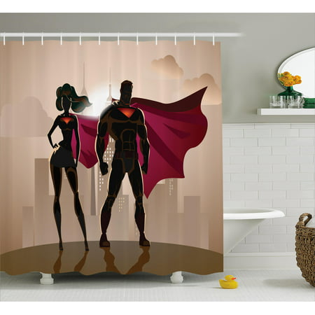 Superhero Shower Curtain, Super Woman and Man Heroes in City Solving Crime Hot Couple in Costume, Fabric Bathroom Set with Hooks, Beige Brown Magenta, by