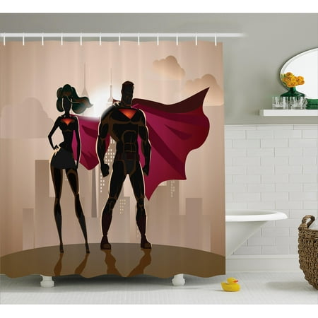 Cheap Bathroom Sets Superhero Shower Curtain, Super Woman and Man Heroes in City Solving Crime Hot Couple in Costume, Fabric Bathroom Set with Hooks, Beige Brown Magenta, by Ambesonne ()