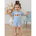 thumbnail image 5 of RUINIXCW Toddler Baby Girl Halloween Outfit Kids Little Girl Summer Fall Clothes Pumpkin Football Embroidery Short Sleeves T-Shirt and Plaid Ruffles Shorts Set, 5 of 9