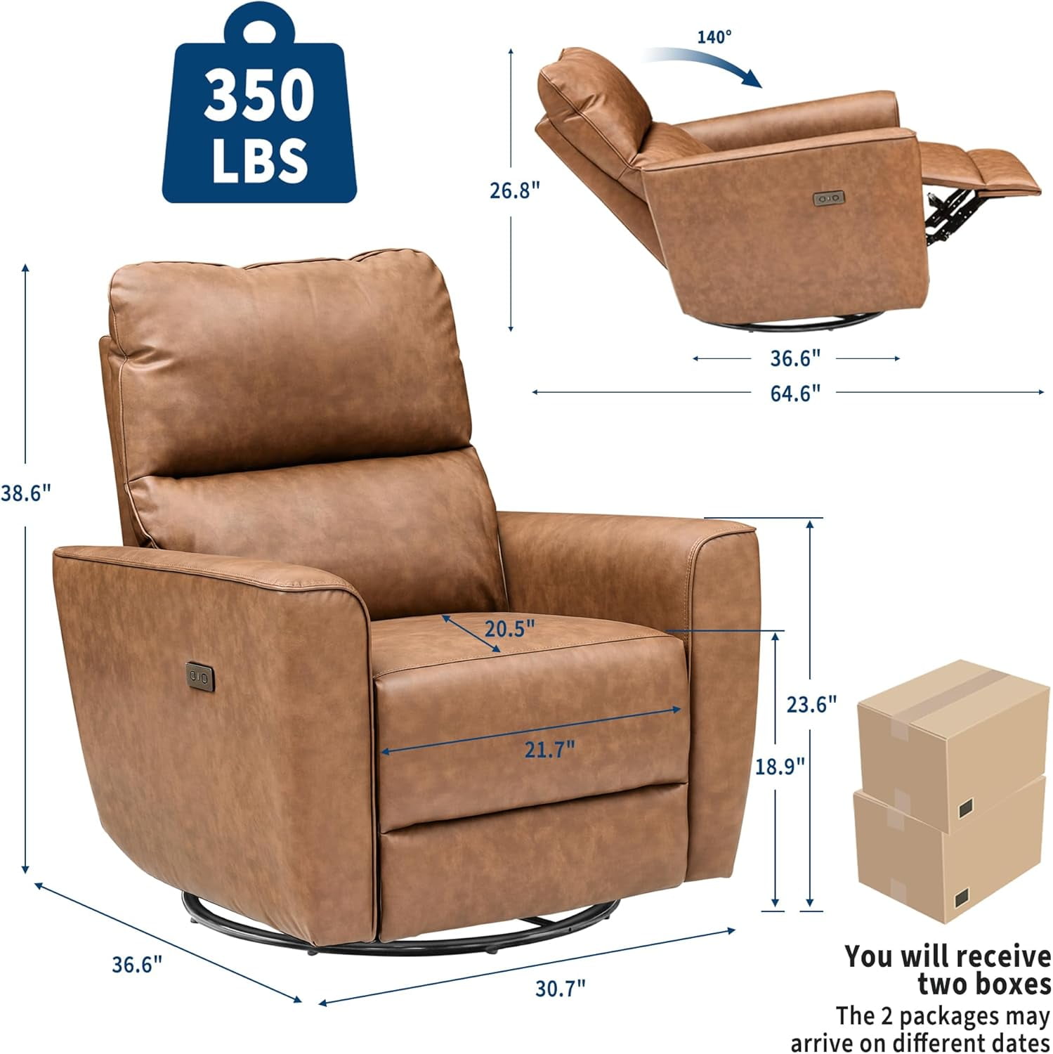 Power Recliner Chair 270° Swivel Rocking Glider with USB Port PU Leather Upholstered Nursery Chair with Adjustable Backrest for Living Room Office Home Theater and Nursery