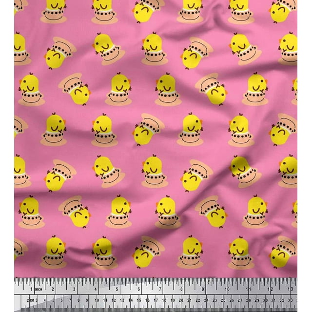 Soimoi Satin Silk Fabric Cup,Plate & Chick Cartoon Print Fabric by the Yard 42 Inch Wide