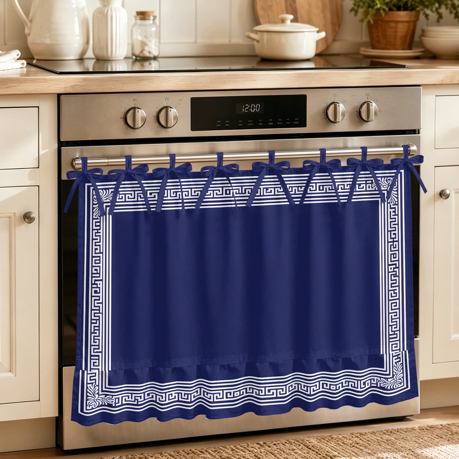 Navy Blue Geometric Oven Curtain with Tie Top Oven Skirt Curtain for Kitchen White Greek Key Farmhouse Under OvenCover Panel for Dust & Grease Protection Apartment RV Cabinet Curtains 27 x20