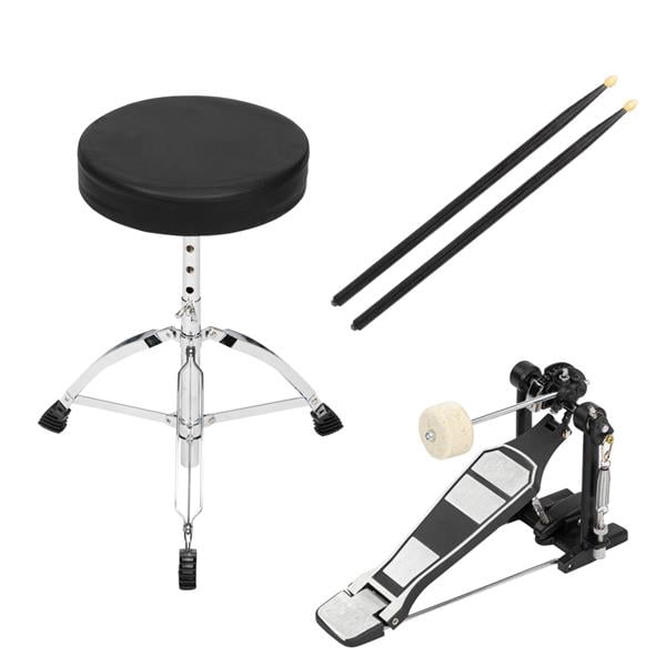 Full Size Adult Drum Set 5-Piece Black with Bass Drum, two Tom Drum, Snare Drum, Floor Tom, 16" Ride Cymbal, 14" Hi-hat Cymbals, Stool, Drum Pedal, Sticks