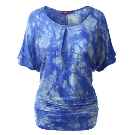 Side Ruched Cap Sleeve Top - Doublju Womens Short Sleeve Tie-Dye Batwing Dolman Top Wth Ruched Sides