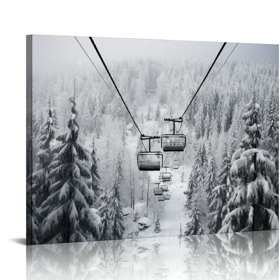 ONETECH Mountain Ski Lift Snowy Black White Canvas Poster Wall Art Decor Print Picture Paintings for Living Room Bedroom Decoration