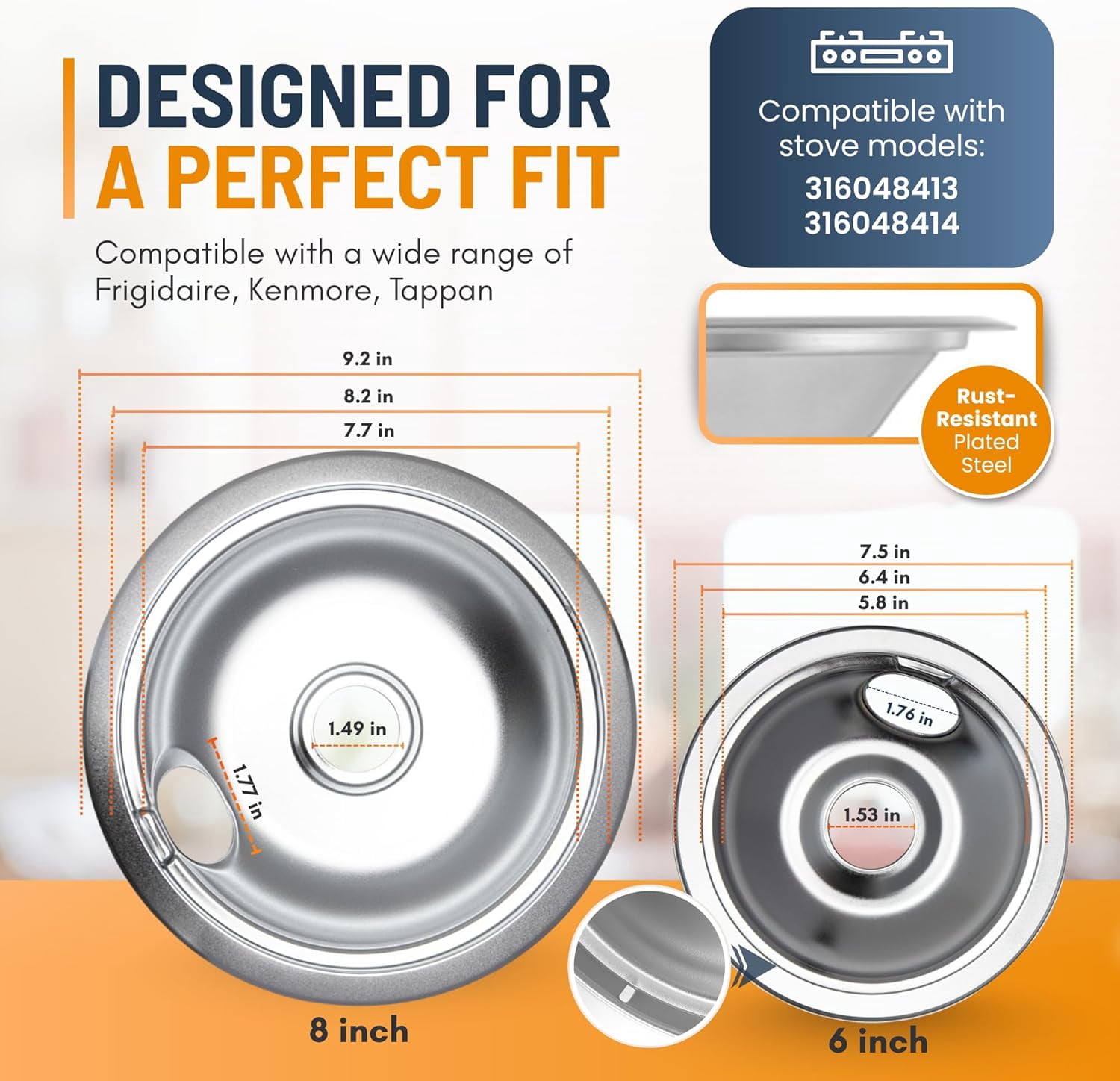 Electric Stove Drip Pans Set of 4 (2 x 6-Inch & 2 x 8-Inch) Replacement Stove Drip Pans for Electric Stove Compatible with Frigidaire, Kenmore, Tappan & More - Stove Burner Drip Pan Replacements