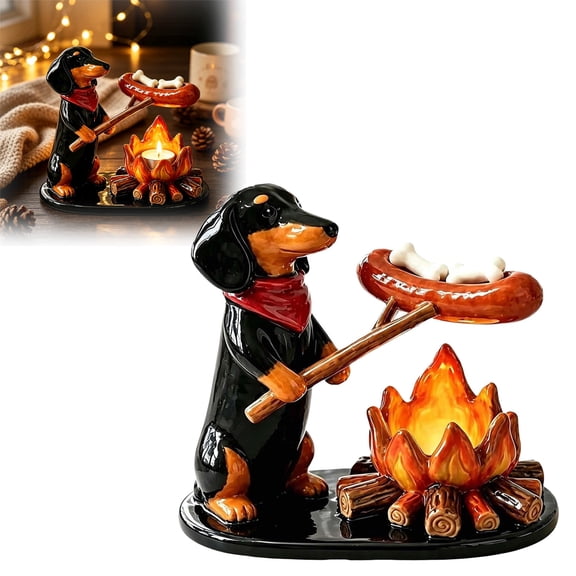 Halloween Campfire Tealight Holder, Resin Dachshund Candle Holders | Cute Animal Statue Tealight Holders, Halloween Camping Themed Candlestick Tabletop Centerpiece, No Candle