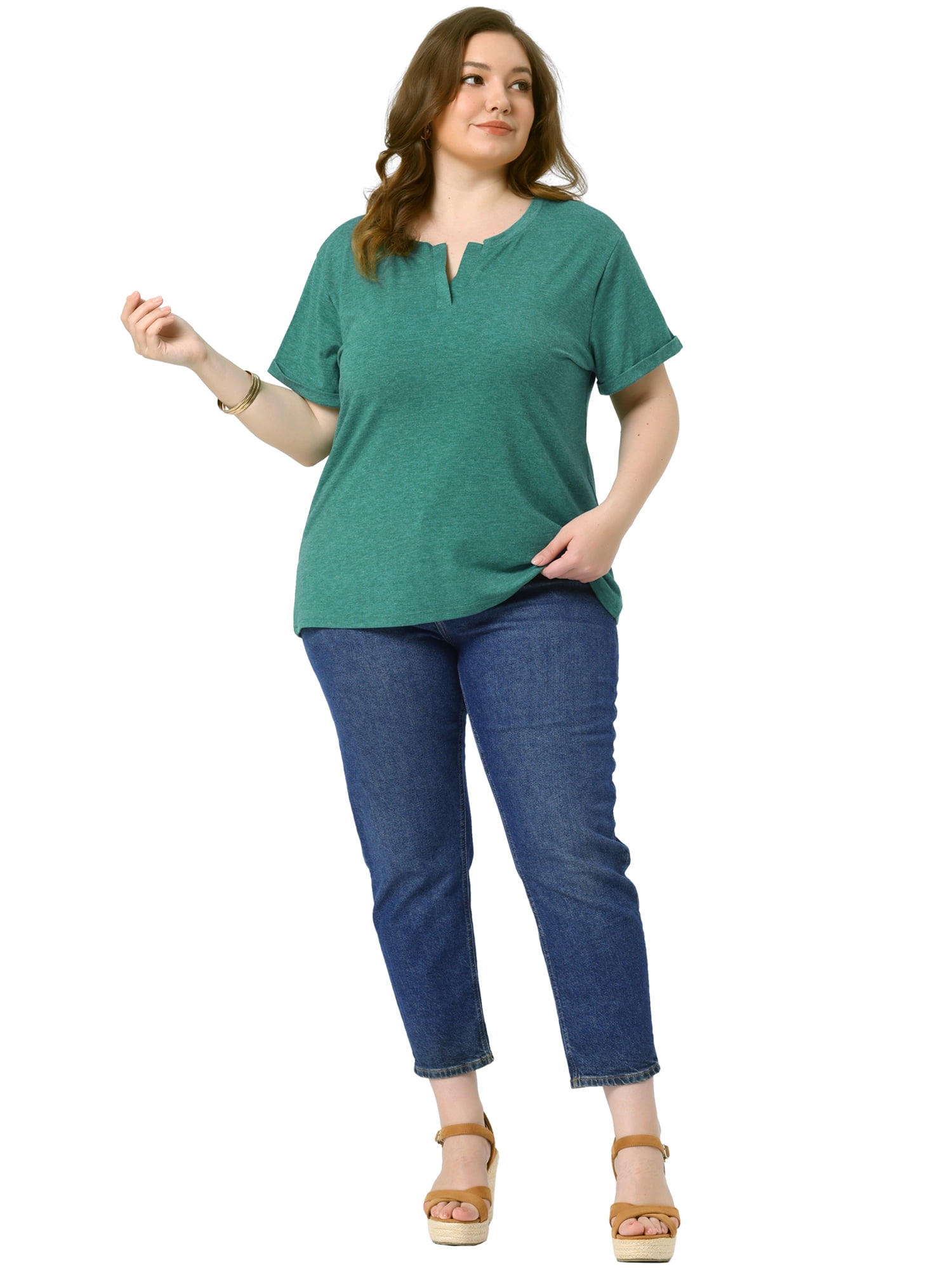 DARING DIVA Women's Plus Short Sleeve V Neck Summer Tees Green 2X