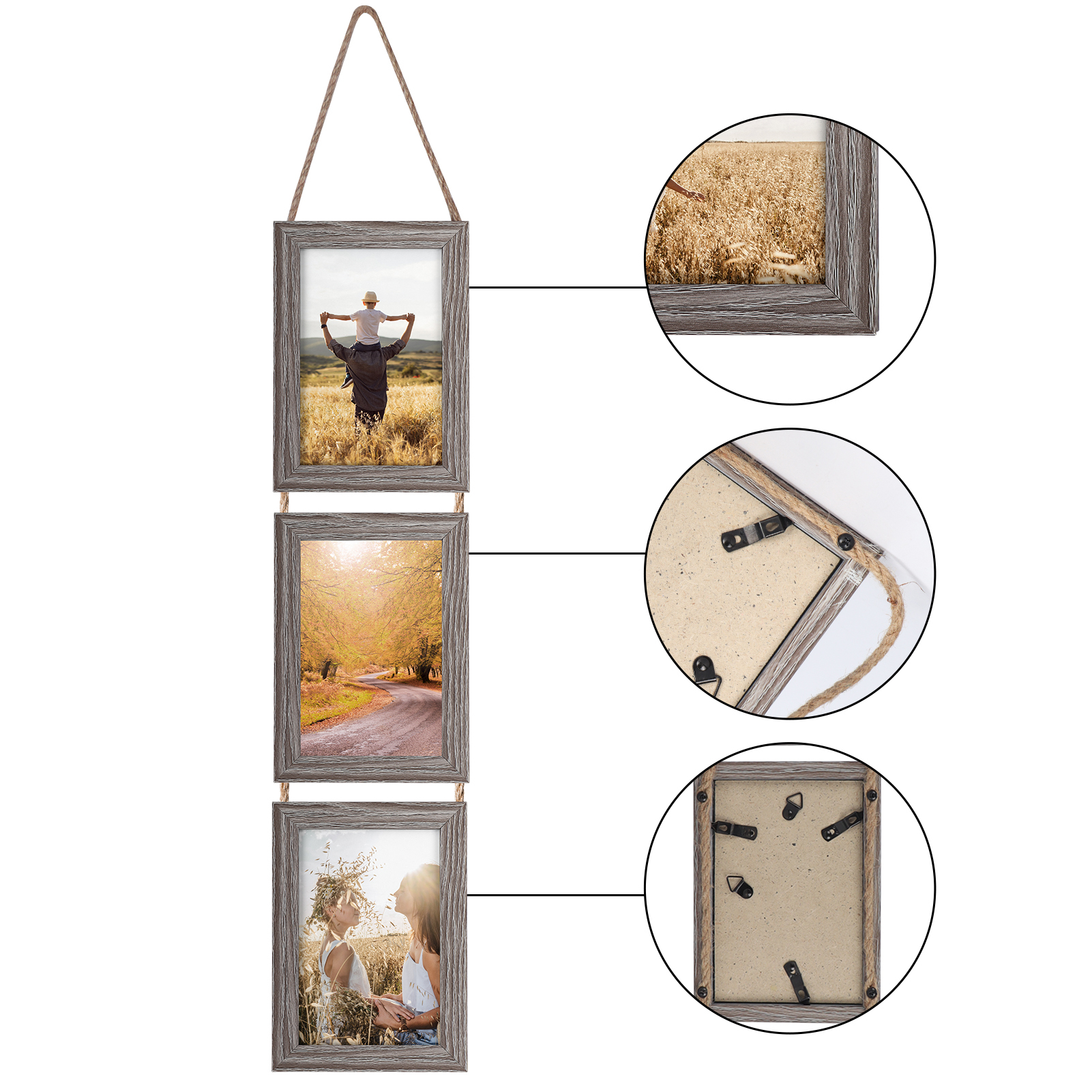 Giftgarden 4x6 Collage Hanging Triple Picture Frames Set, Rustic 6 Opening Vertical Frame for Wall Decor