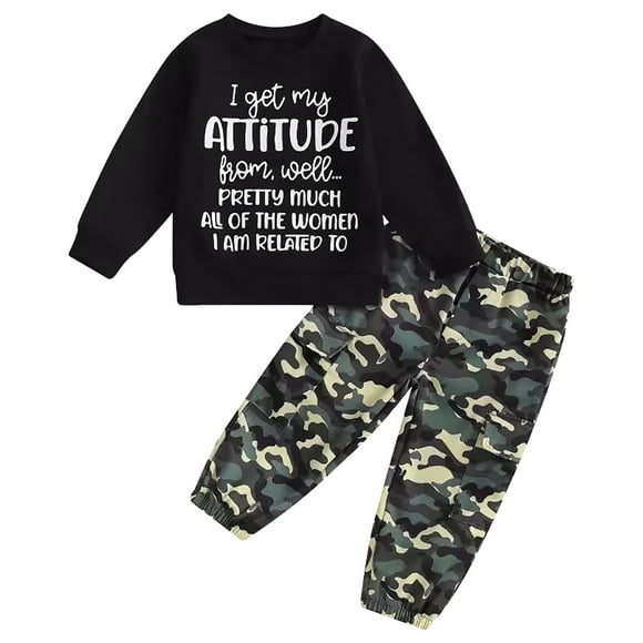 BOBOGOJP Toddler Kids Baby Boy Fall Outfits 1T 2T 3T 4T 5T Letter Print Long Sleeve Tops Camouflage Pants Winter Clothes Sets (Dark Gray, 12-18 Months)