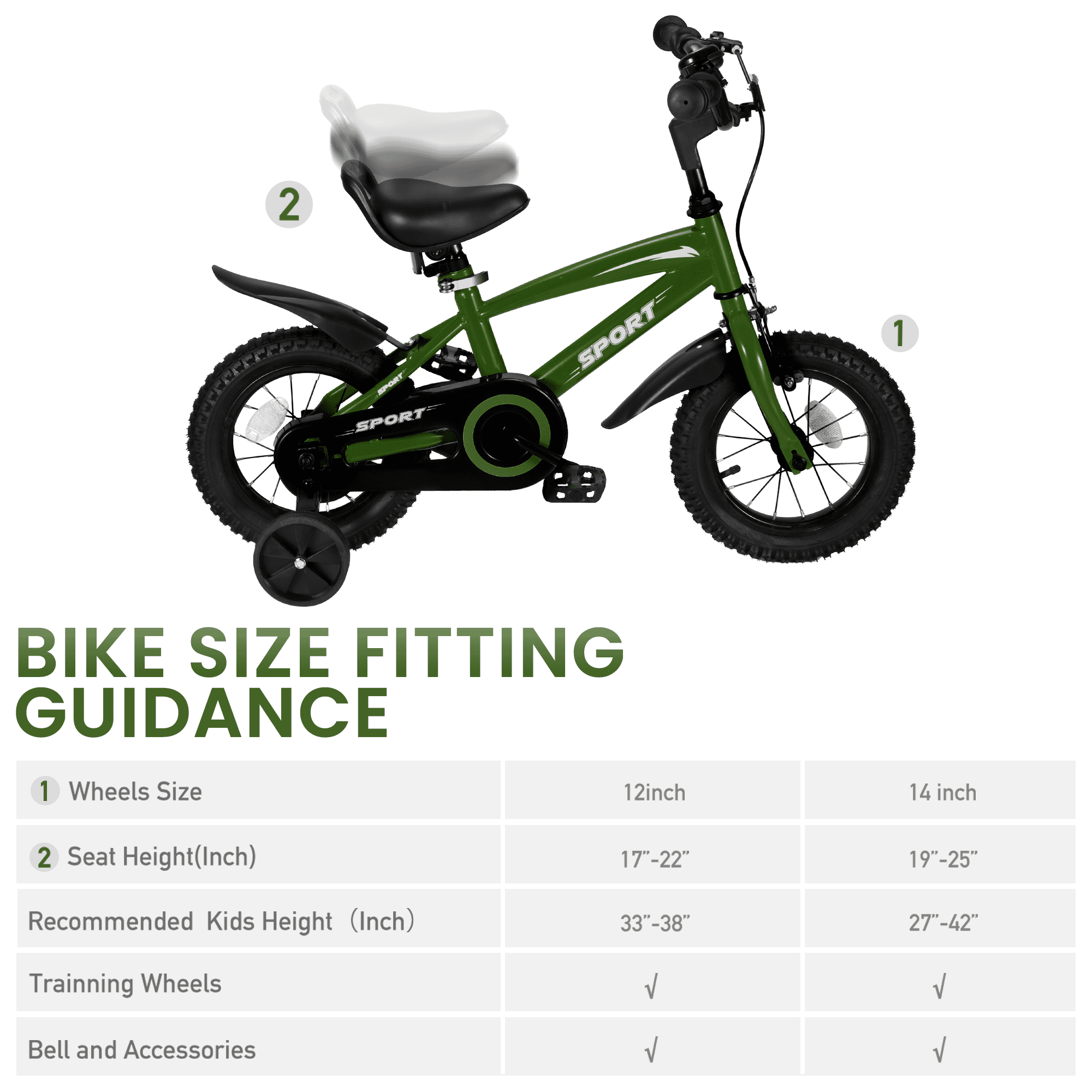 Naipo 12 in Kid Bike Green for Boys Girls with Trainning Wheels Sturdy Frame Adjustable Seat