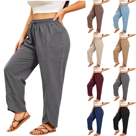 Vynhevius Womens High Rise Pants Plus Size Wide Leg Smocked Elastic Waistband Casual Relaxed Trousers Solid Color Vacation Bottoms