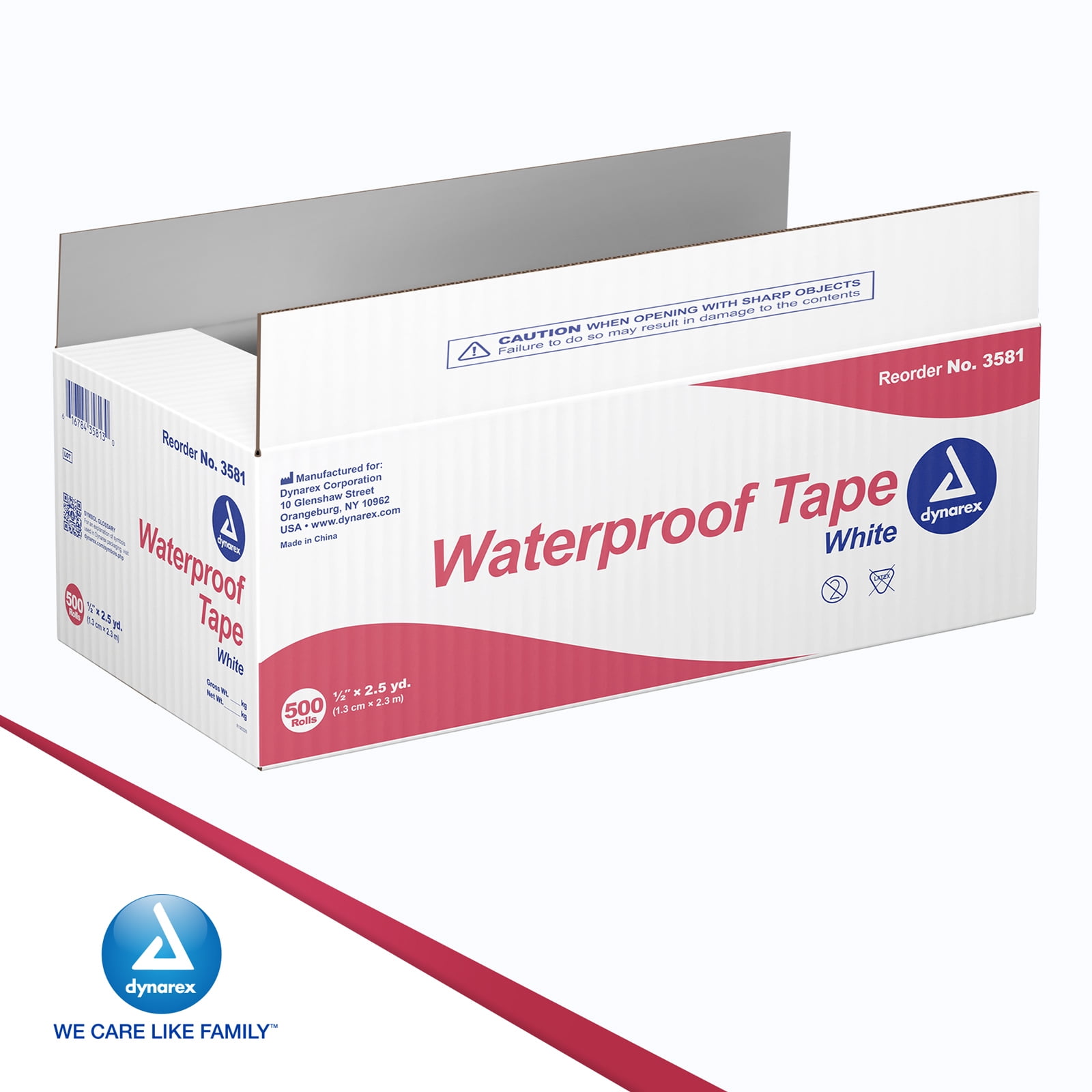 Dynarex Waterproof Adhesive Tape - High-Tensile, Strong Adhesive, Non-Sterile - No Rubber Latex & DEHP - 1/2” x 2.5 Yards - 500 Rolls per Bulk Case
