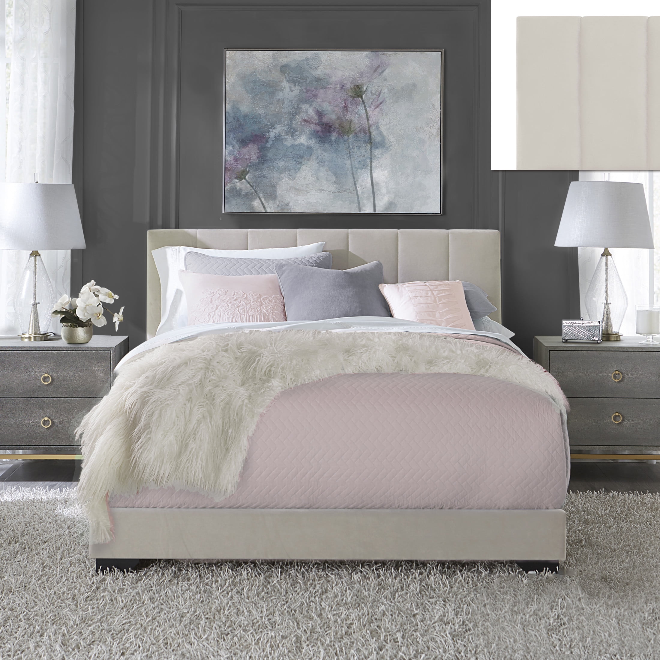 Reece Channel Stitched Upholstered Queen Bed, Ivory, by Hillsdale Living Essentials