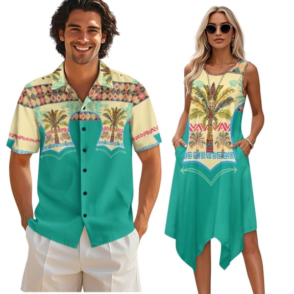 Psesaysky Hawaii Palm Tree Print Mens Shorts Sleeve Shirt &Womens Sleeveless Flowy Tunic Dress Native Couples Matching Hawaiian Luau Outfit His and Her Topical Shirts and Dresses-M