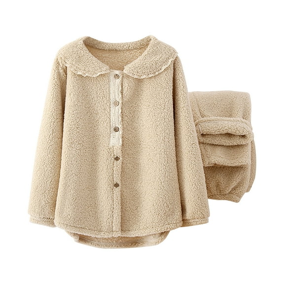 Elainilye Fashion Women Pajama Sets Casual Winter Fleece Loungewear Long Sleeve Nightwear Two Piece Sets Homewear,Beige