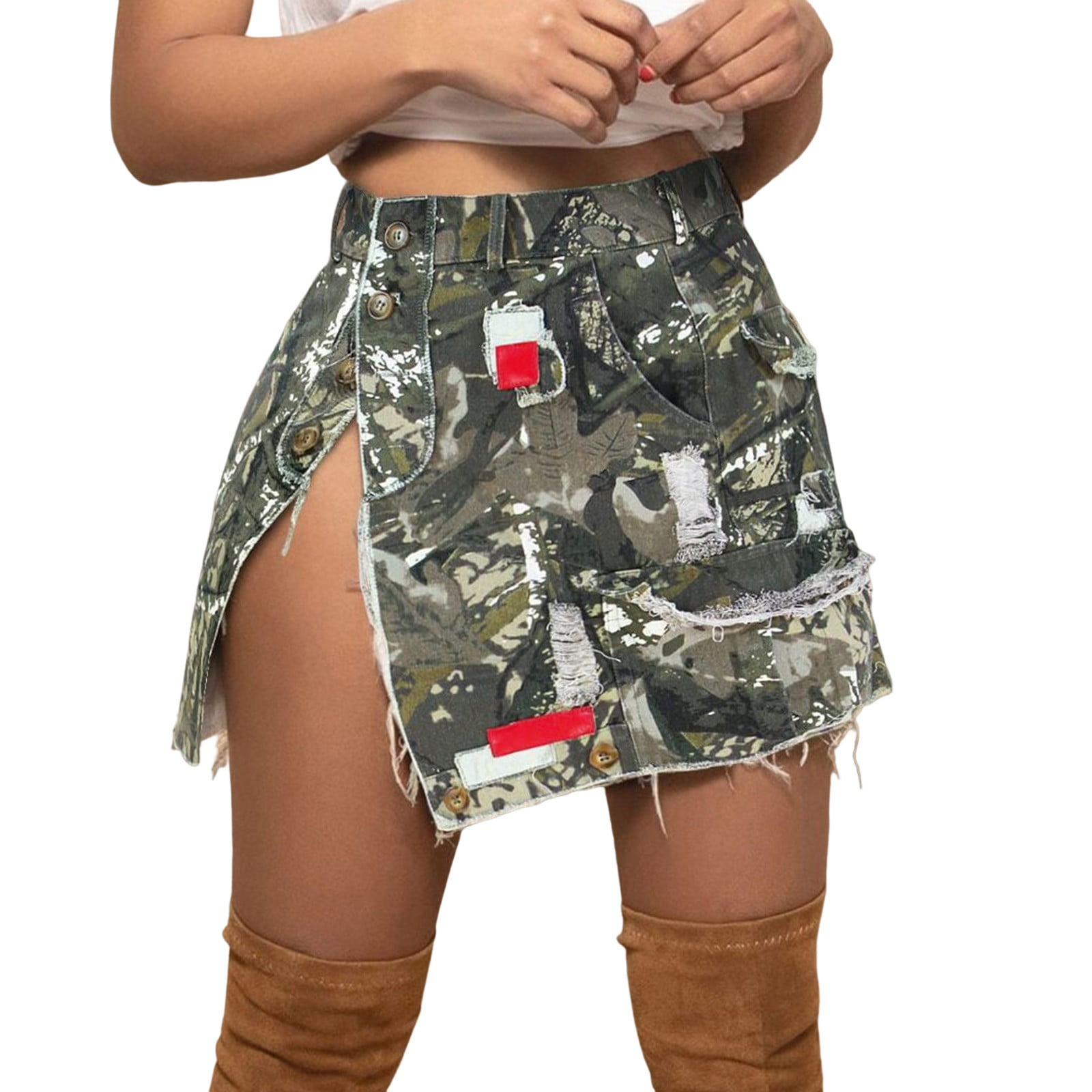 Women Camo Skirt High Waist Split Button Ripped Hem Camouflage Mini ...