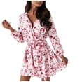 thumbnail image 1 of Pompotops Robes Mini à Volants Imprimé Floral Manches Longues Col en V Décontracté pour Femmes, 1 of 5