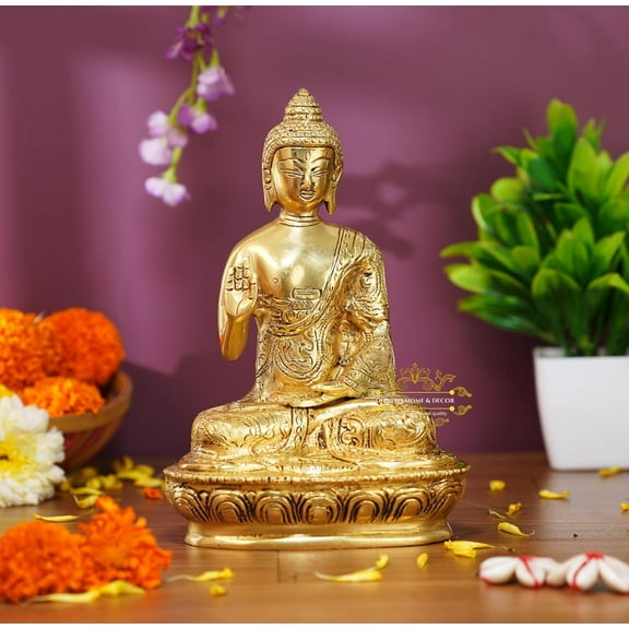 Brass Blessing Buddha Idol Statue Murti for Home Decoration in Gold Color