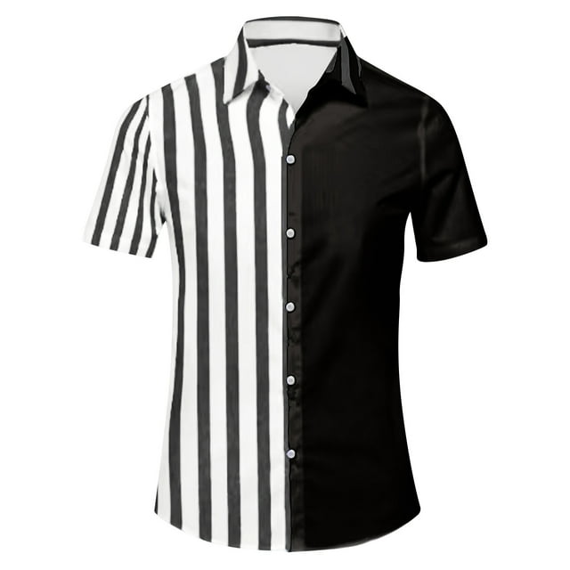 Camisa Elvqul de Hombre Casual Negro a Rayas Manga Corta con Solapa Botones