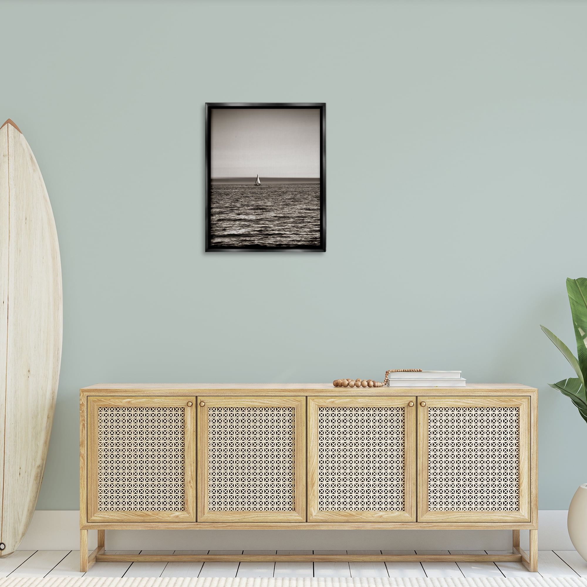 Stupell Industries Lone Distant Sailboat Coastal Photography Black Floater Framed Canvas Art Print Wall Art, 25 x 31