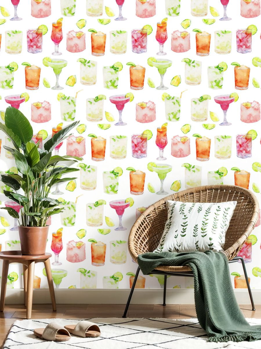 Peel and Stick Wallpaper Watercolor Cocktail Drinks Colorful Glasses Citrus Slices Wall Mural 23.6in x 9.8ft Self Adhesive Removable Wall Paper Renter Friendly Wallpaper for Nursery Bedroom Cabinets