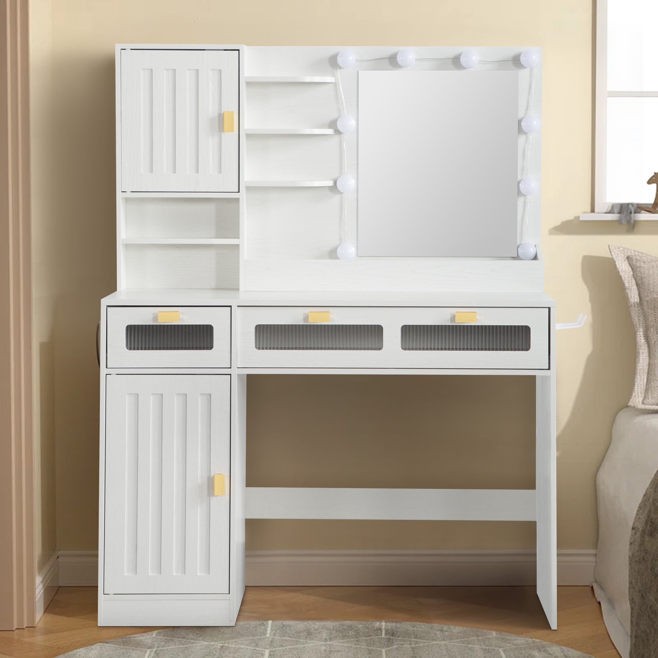 Aukfa Vanity Desk with Mirror & Hair Dryer Rack,Makeup Vanity Table for Bedroom,White