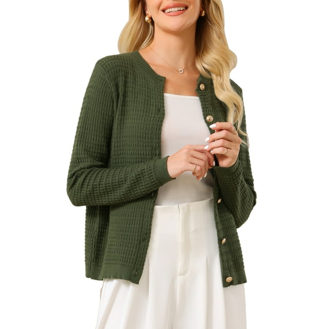 Cárdigan de botón hacia abajo para mujeres INSPIRE CHIC, suéter de cuello redondo, manga larga, tejido de punto acanalado, XL Verde Ejército