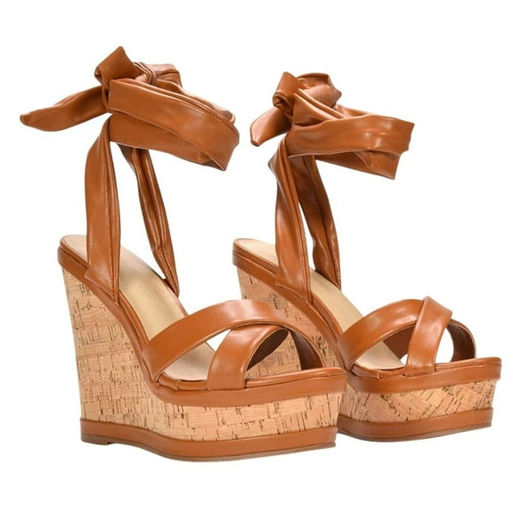 XY London Womens Kammie Cork Lace Up Strappy Wedge Sandals