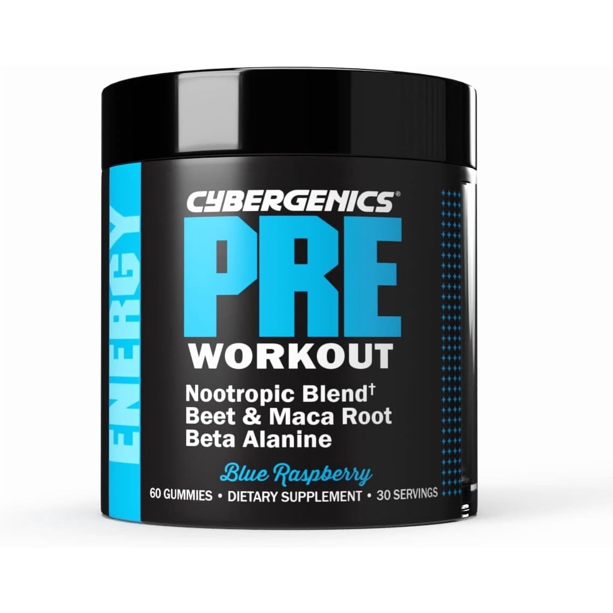Cybergenics Pre Workout Gummies, Supports Energy Levels, Boosts Performance, Beta Alanine, Green Tea Extract, Nootropic Blend for Focus, Natural Beet Root, Blue Raspberry, 60 Gummies, 30 Servings