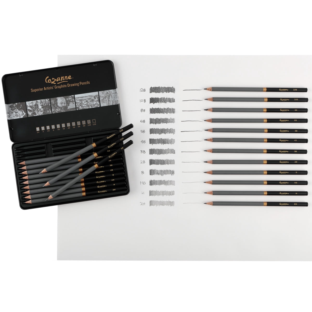 Cezanne Graphite Art Pencil Set w/ 8" Posing Manikin 13 Piece Set  – Professional Quality for Sketching and Drawing Break Resistant Leads Triple Coated Barrel (H HB B 2B 3B 4B 5B 6B 8B 10B 12B)