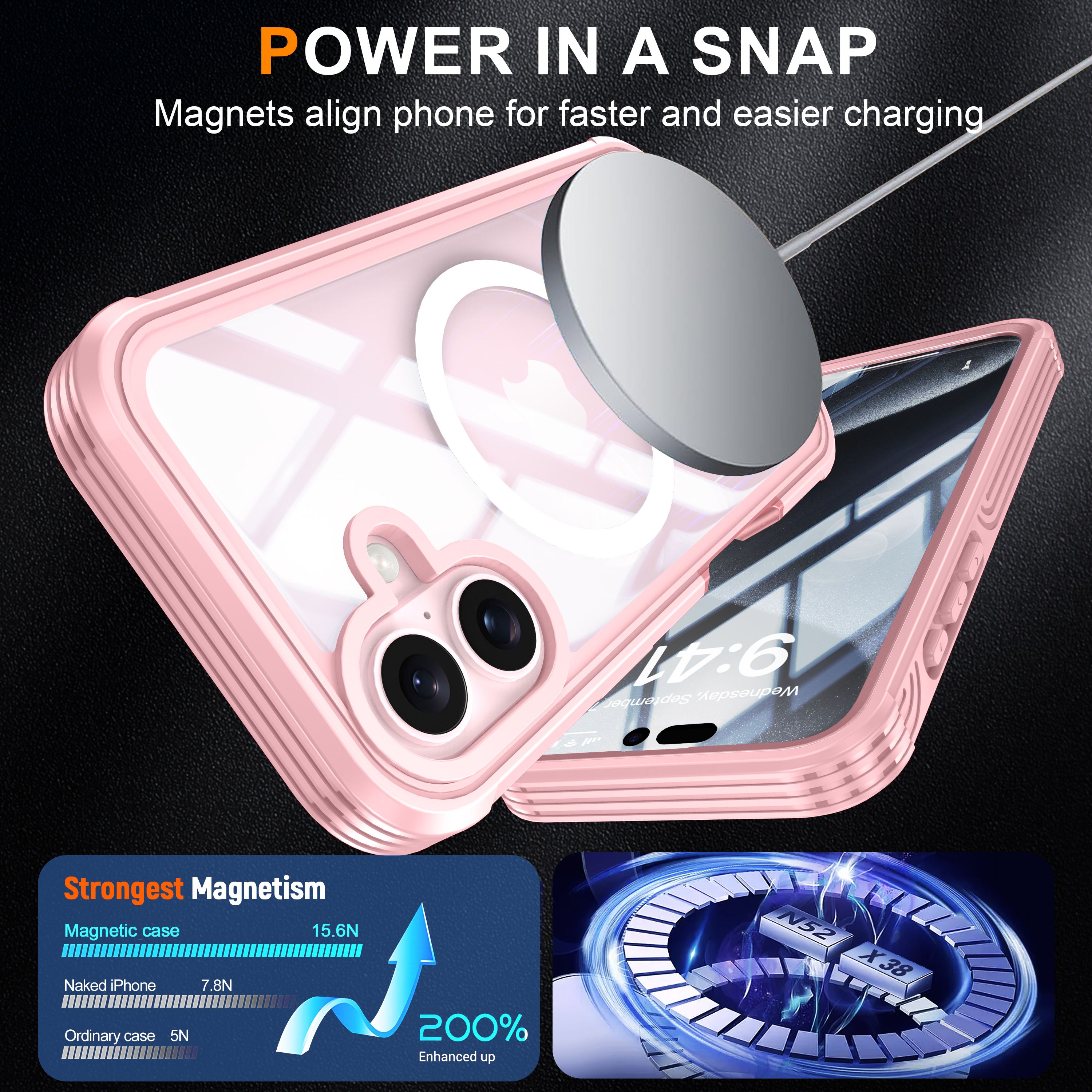 Feishell iPhone 16 Case with Built-in Screen Protector, Pink photo 2
