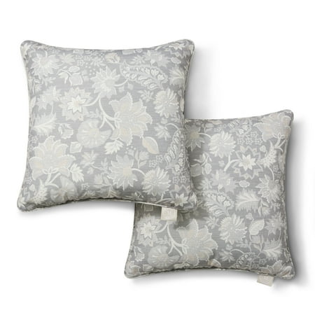 MARTHA STEWART Distressed Jacobean Indoor Outdoor Decorative Pillow 2-Pack Set, UV Fade Resistant, Water Repellent, Printed Floral Design, Grey, 18"x18"