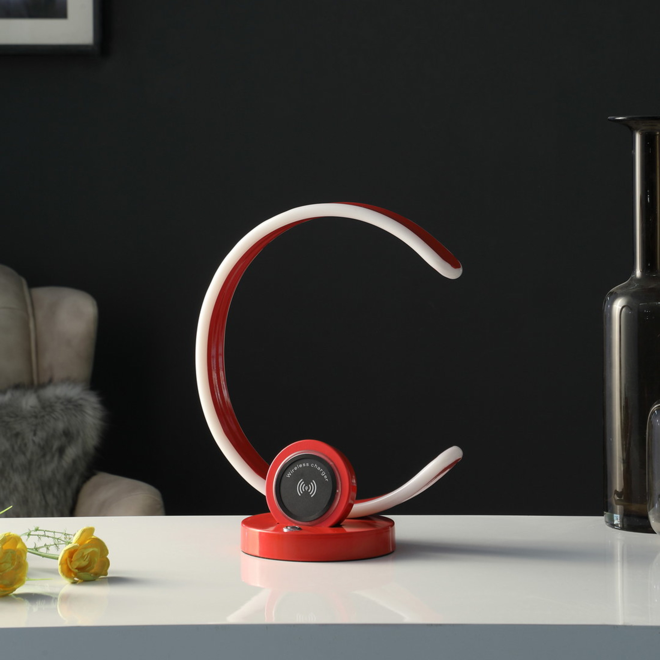 Noble House 13.25" Modern C-Shape LED Metal Table Lamp, Touch Dimmer, USB and Wireless Charger, Bright Red