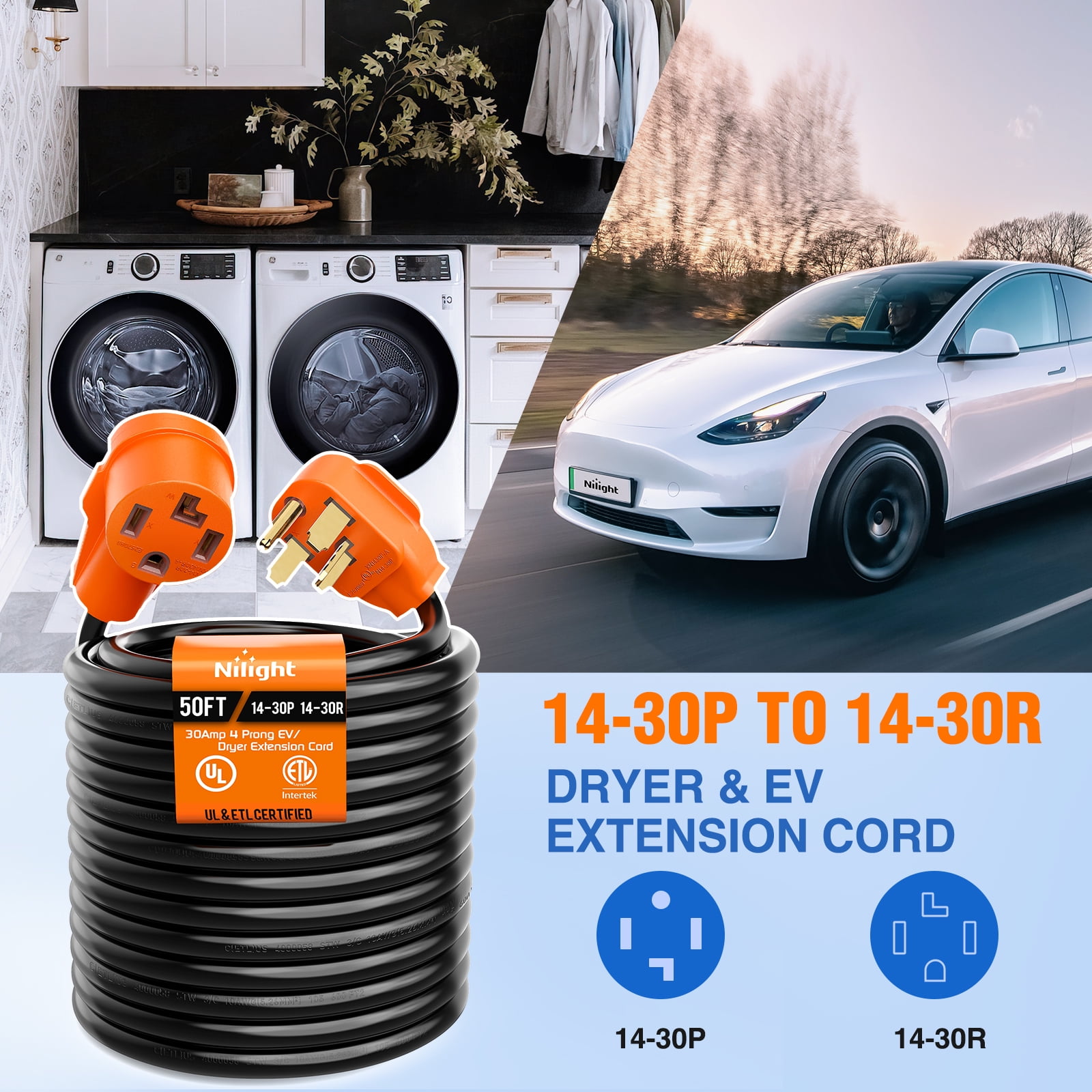 Nilight 50FT EV Dryer Extension Cord 4 Prong 30 Amp NEMA 14-30P 14-30R Old Dryer Extension Cable Heavy Duty 10 Gauge Pure Copper Wire UL Listed 125/250V for Level 2 EV Charging