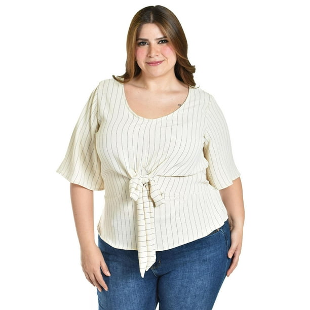 Blusa con moño Roman Fashion / Tallas Extras, 1832 (Arena líneas) beige 42