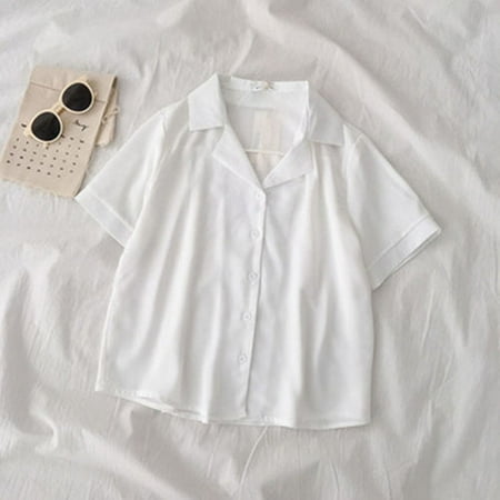 

KDJ Women Shirt Short Sleeve Blouse Korean Turn-down Collar Chiffon Shirts