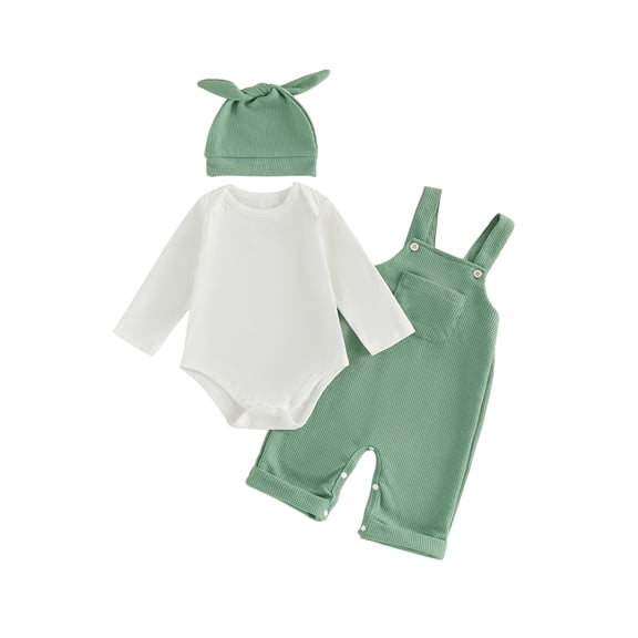 Cjfdfy Newborn Baby Boy Girl Fall Outfits Solid Long Sleeve Romper Waffle Overall Pants And Knotted Hat 3 Piece Set Cute Coming Home Fall Winter Outfit 0-18M