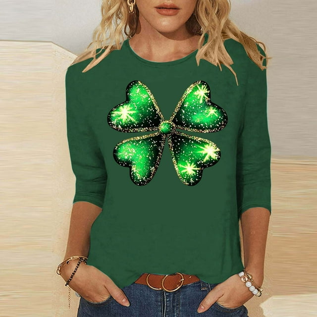 Elvqul 3/4 T-Shirts à Manches pour Femmes Imprimé Grande Taille T-Shirts Col Rond Vert Fête la Saint-Patrick Hauts pour Femmes Décontracté