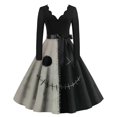 thumbnail image 2 of Women's Halloween Dress Skeleton Witch Hat V Neck Hepburn Cocktail Retro Tea Length Dress Long Sleeve 1950s Vintage Casual Dress with Belt M, 2 of 5