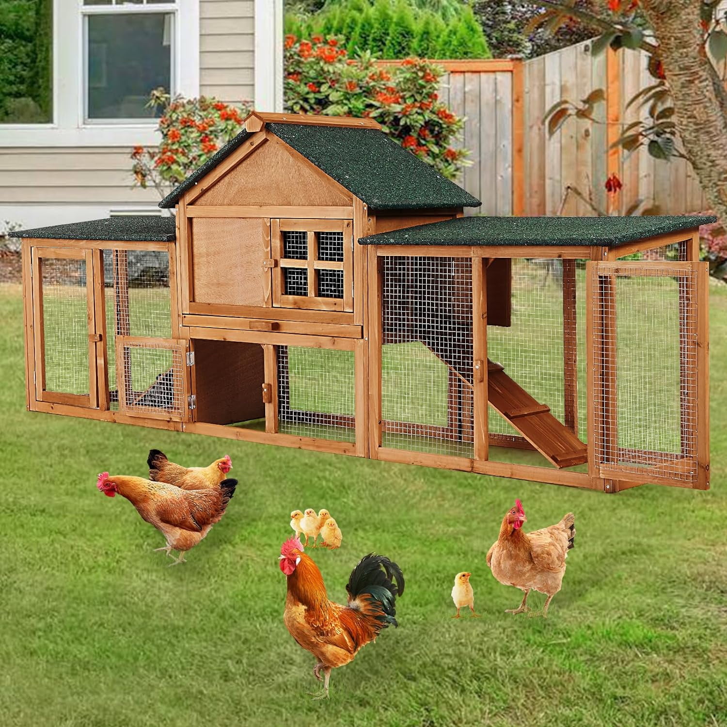 Litake 80in Outdoor Chicken Coop,Wooden Hen House Poultry Cage, Rabbit Hutch with Ramps Run,Bunny Cage Guinea Pig House Pull Out Upper Tray