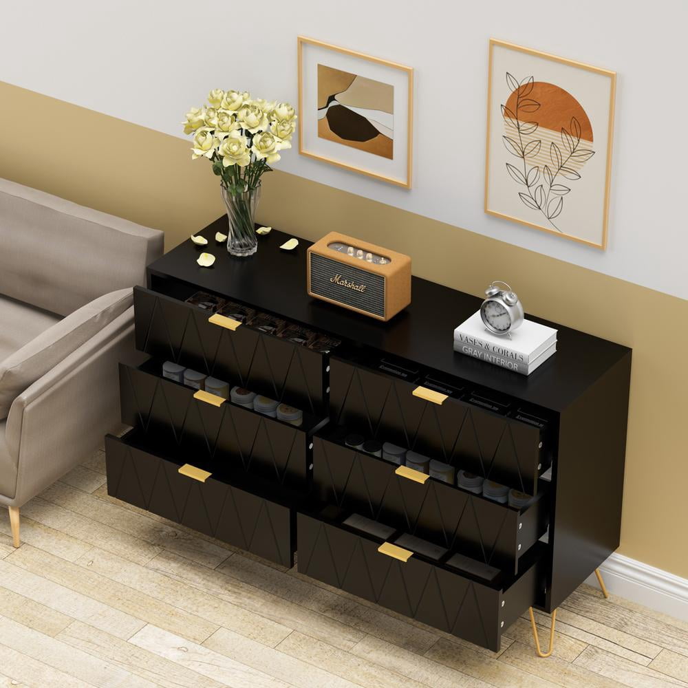 Eclife 47.2"Wide x 28.7" Tall 6-Drawer Double Dressers for Bedroom Living Room Chest with Deep Drawers and Metal Handles, Modern Wood Storage Chest of Drawers, Black