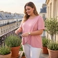 thumbnail image 3 of GRACE & GRANDEUR Women's Plus Size Easter Tops Short Sleeve Round Neck Crossover Asymmetric Tulip Hem Casual Blouses 2X Pink, 3 of 7