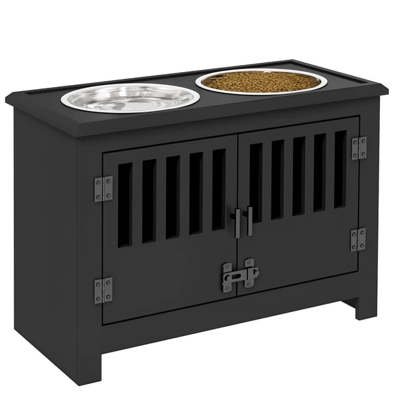 E-Western Large Elevated Dog Bowls with Storage Cabinet, Raised Stand Pet Feeding Station, Black, 37L Capacity, Removable Stainless Steel Bowls, Modern Design