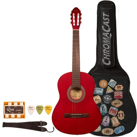 Rise by Sawtooth Full Size Beginner's Acoustic Guitar with World Tour Graphic Gig Bag and Accessories, Satin Red Stain